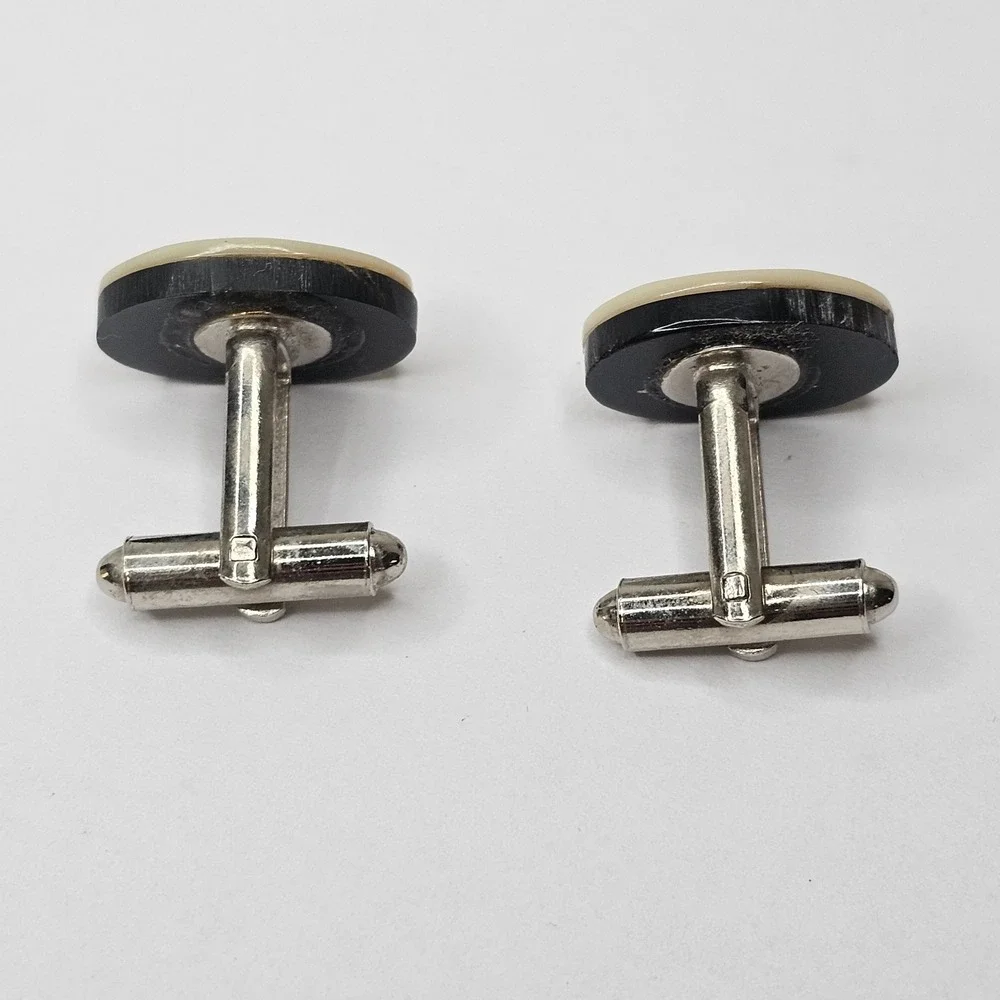 Vintage Mother of Pearl Shou Longevity Character Oval Cufflinks Silver Tone